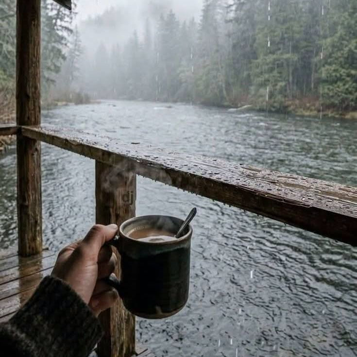 Person holding a mug of coffee on a wooden deck overlooking a misty lake and forest.